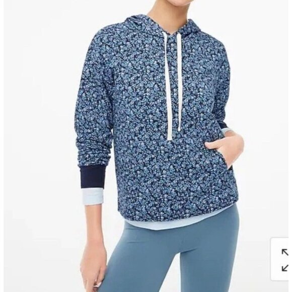J.Crew Blue Floral Print Pullover Hoodie Casual Sweatshirt  Womens Size Large - Picture 1 of 8